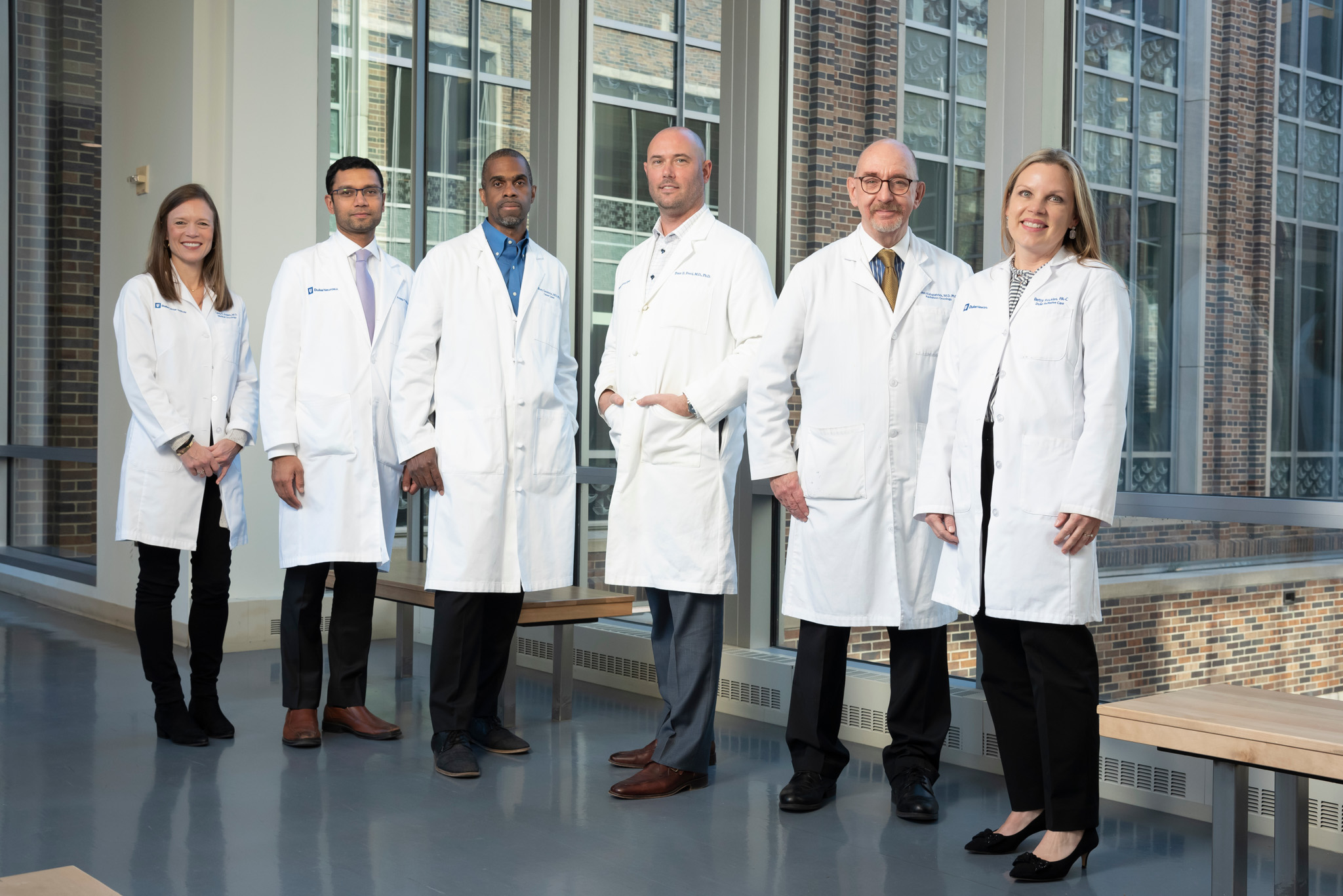 Leadership of the Duke Center for Brain and Spine Metastasis, left to right: Carey Anders, MD; Rory Goodwin, MD, PhD; Peter Fecci, MD, PhD; John Kirkpatrick, MD, PhD; and Betsy Fricklas, PA-C, MMSc.